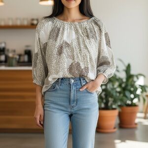 Anthropologie Cream and Brown Patterned Blouse